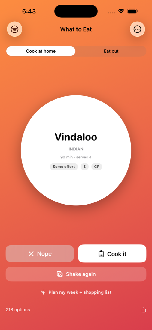 The home screen: a white plate on an orange background showing Vindaloo, with Nope and Cook it buttons