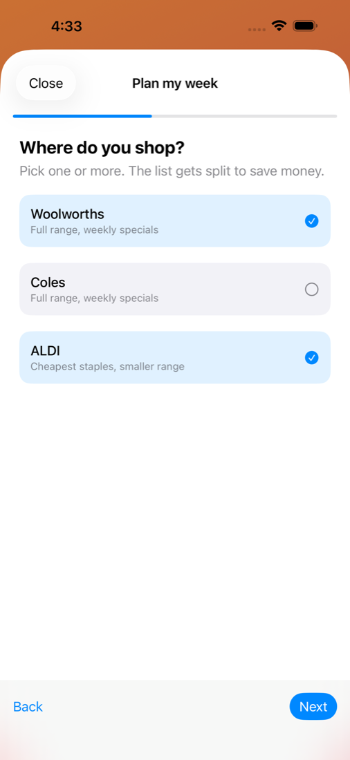 The 'Where do you shop?' question with Woolworths, Coles and ALDI as choices
