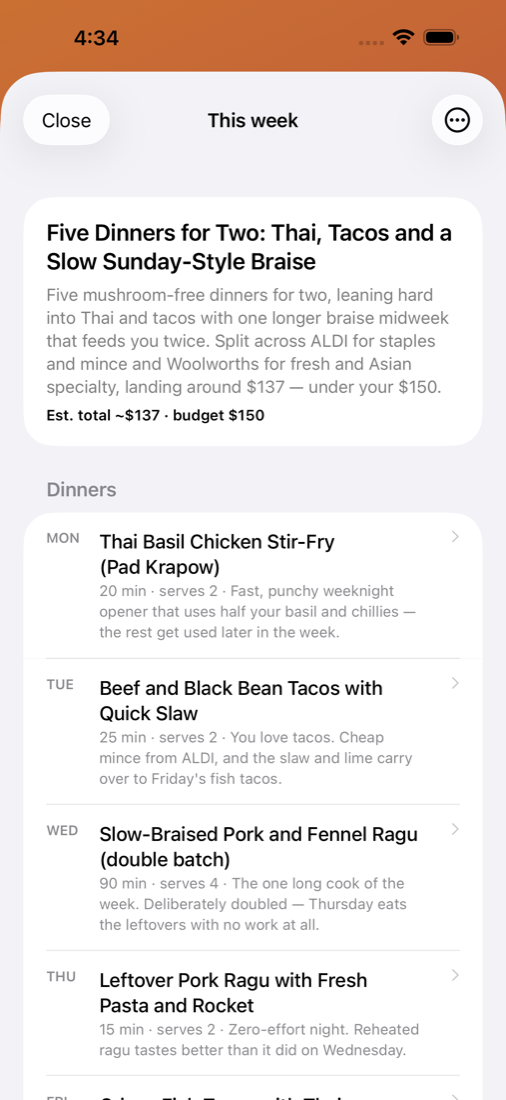 A finished week: five dinners with minutes, serves and a one-line reason for each