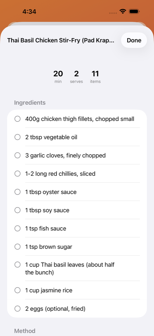 A recipe screen with ingredients you tick off and a numbered method