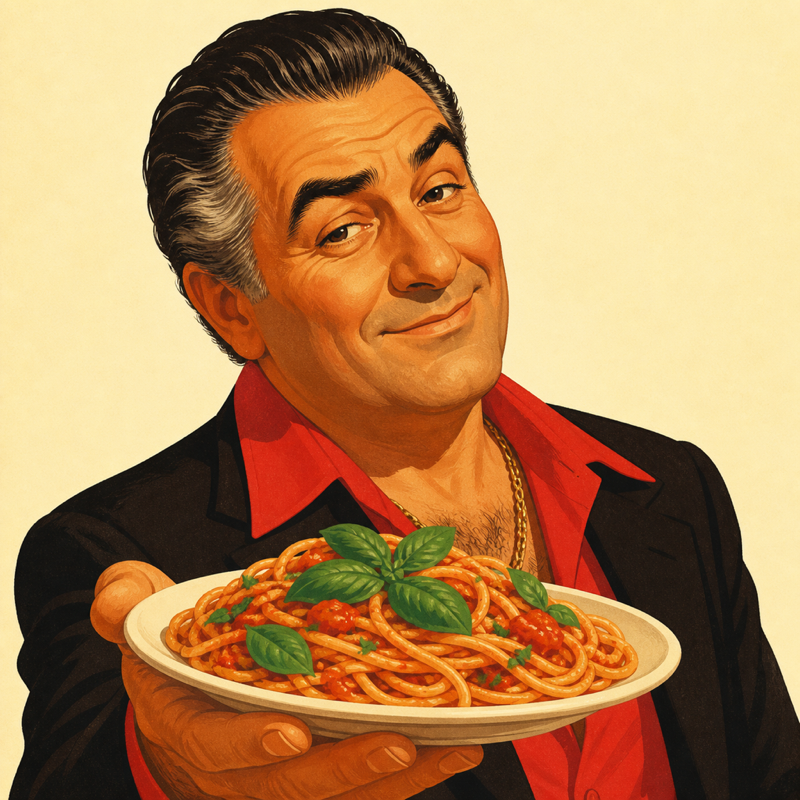 The Wise Guy, a smug Italian in a red shirt and gold chain, presenting a plate of spaghetti