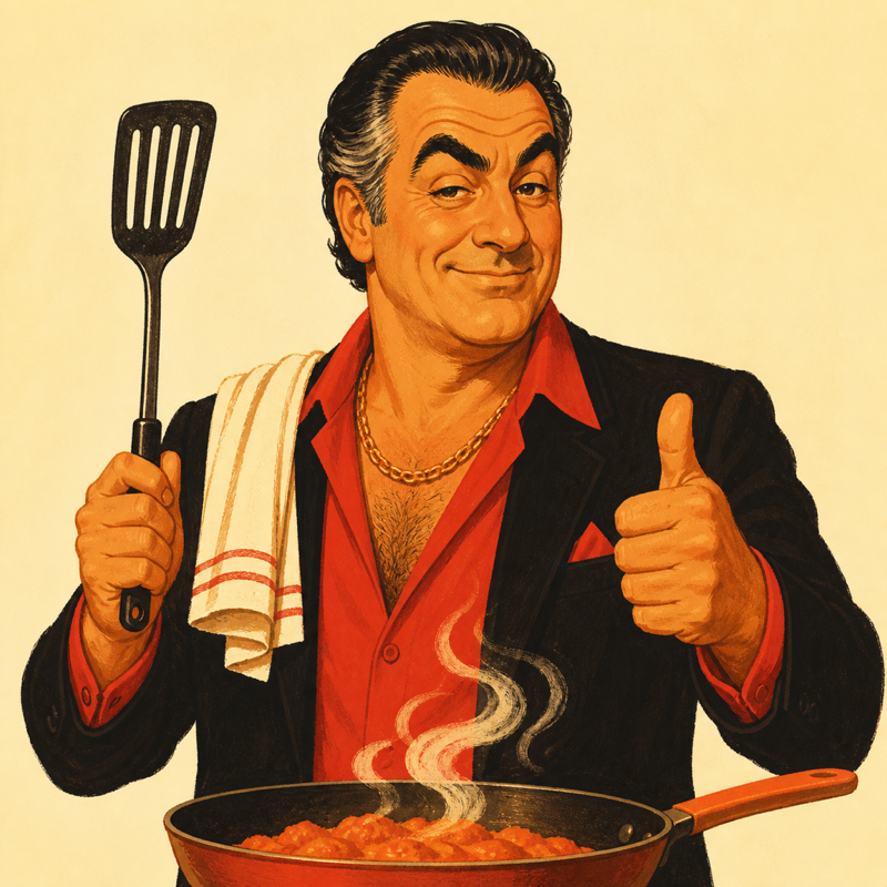 The Wise Guy in a kitchen with a spatula, tea towel and a thumbs up